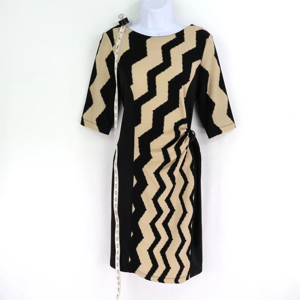 Julian Taylor‎ New York Pencil Dress Womens 10 Black Beige Geometric Ruched Side